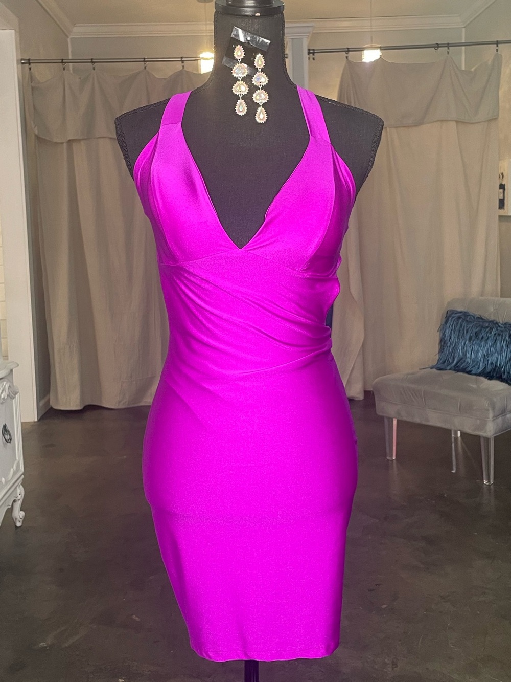 Sleeveless Hot Pink Halter Bodycon Mini Dress